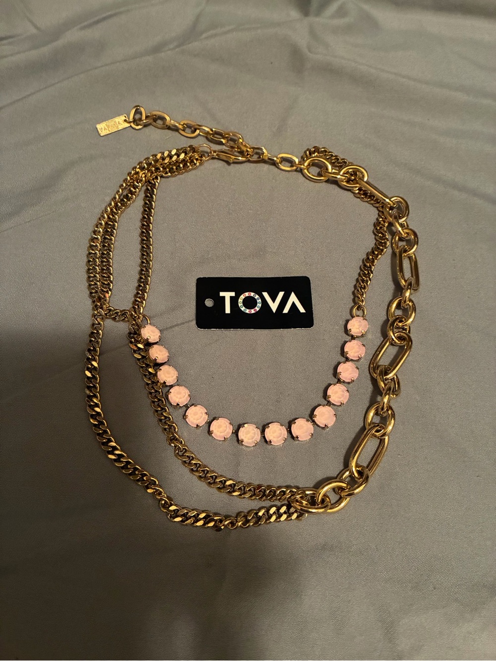 TOVA CRICKET Gold Multi-Chain Necklace with Pink Crystal Accents